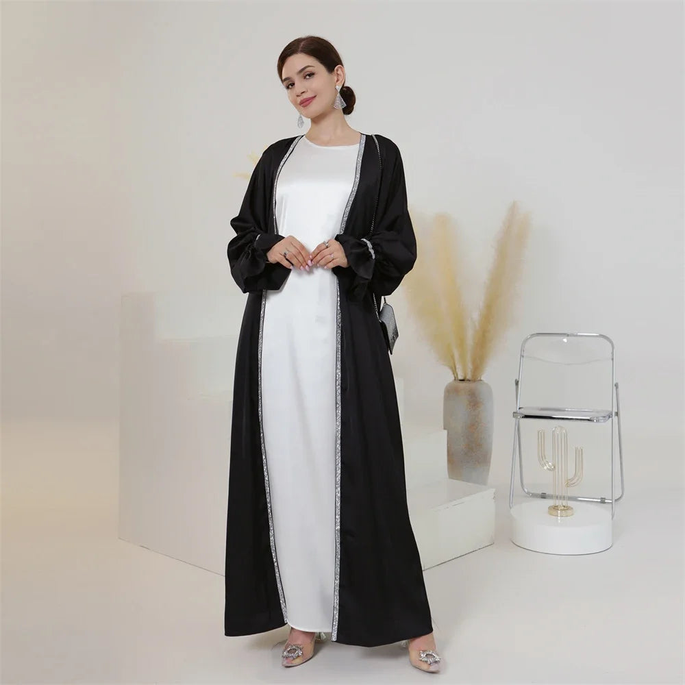 EG21 Eid abaya/ramadan abaya/ Eid dresses Majestic Satin Abaya Set with Radiant Diamond Trim - 3 Piece Elegance