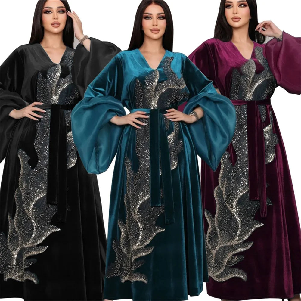 ABY11 Elegant Velvet Kaftan with Sequin Embellishments for Autumn/Winter