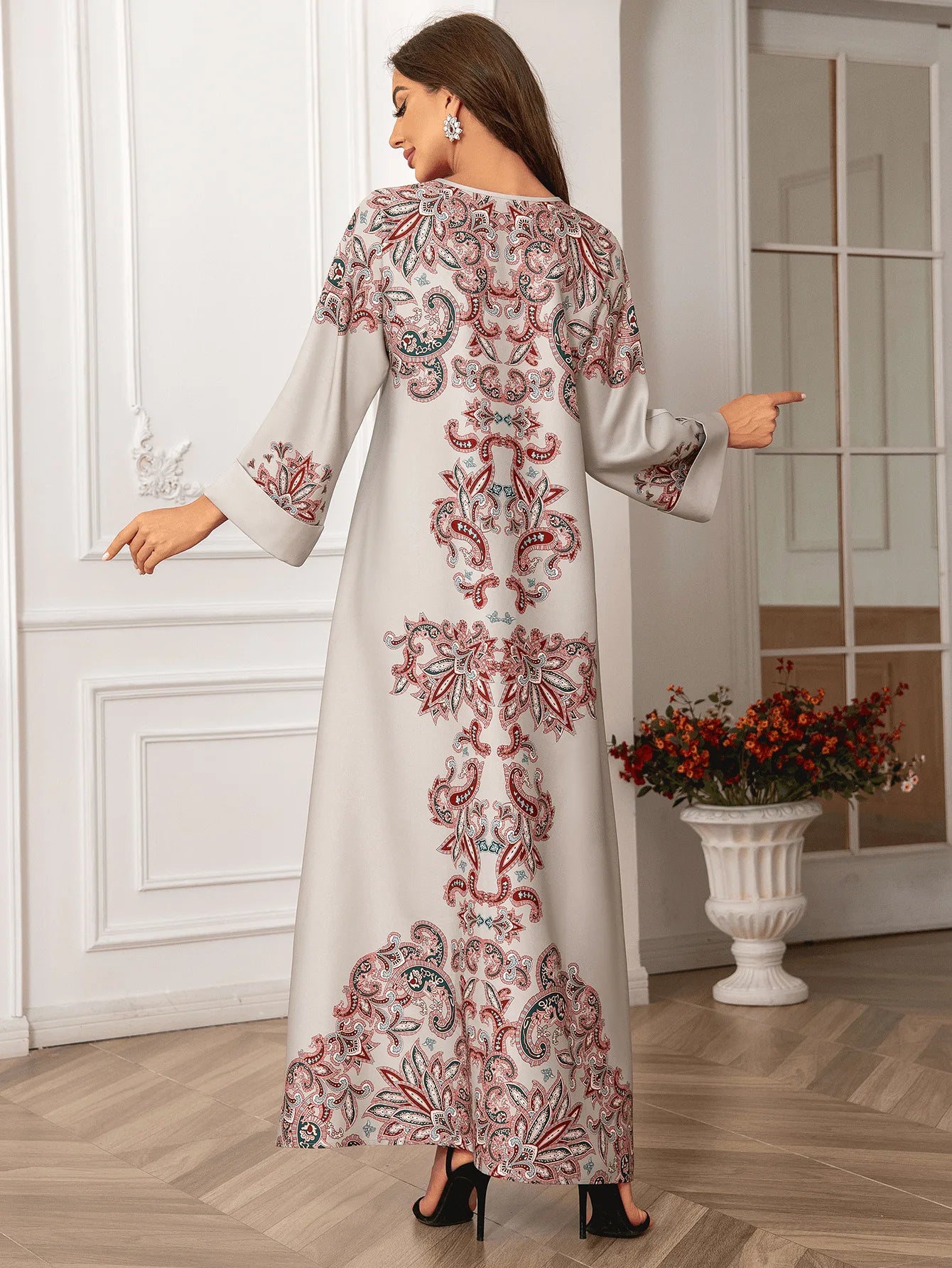 ABY034 Opulent Print Abaya with Pearl and Diamond Adornments