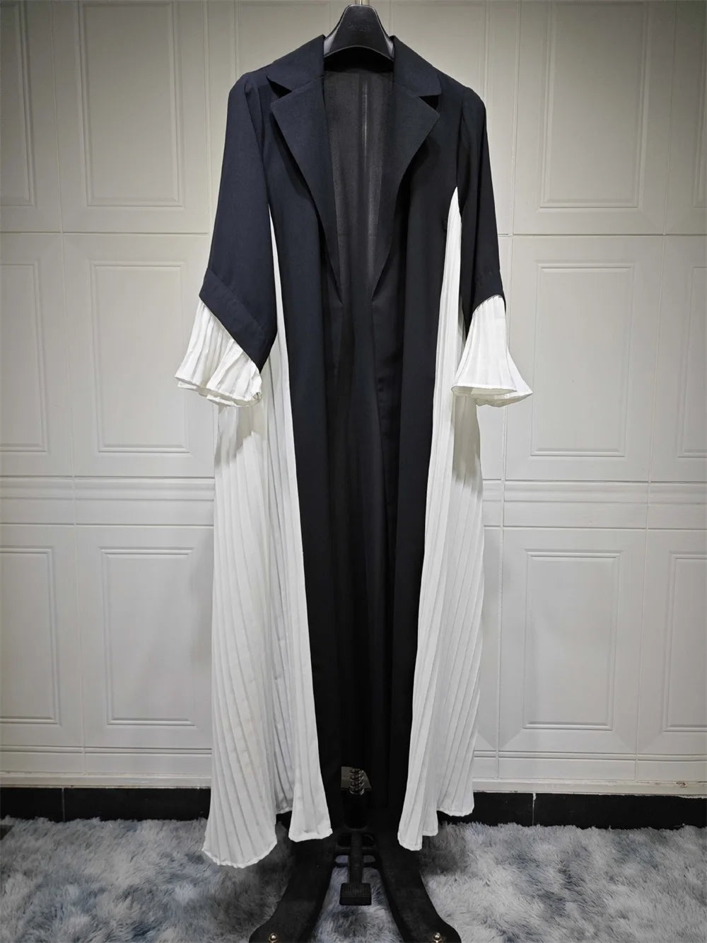 ABY038 Black and White Pleated Contrast Abaya with Hood