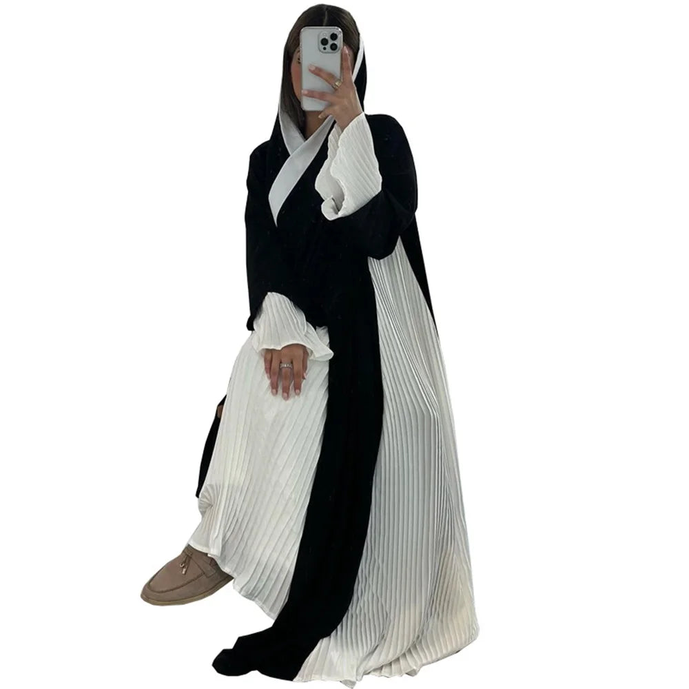 ABY038 Black and White Pleated Contrast Abaya with Hood