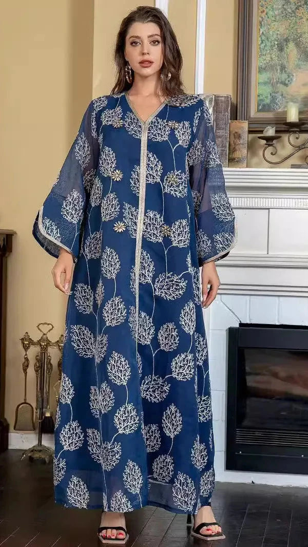 LX02 Navy Blue Floral Embroidered Kaftan/Eid abaya/ramadan abaya