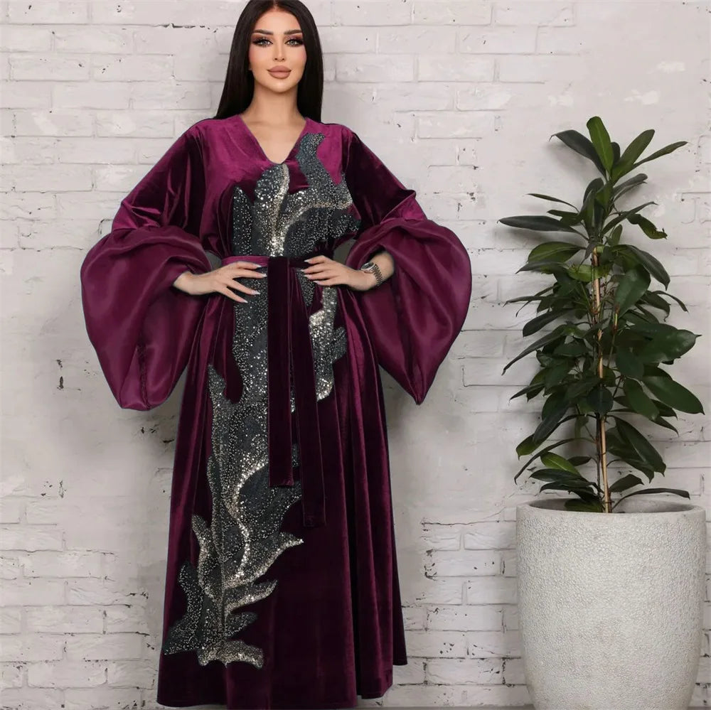 ABY11 Elegant Velvet Kaftan with Sequin Embellishments for Autumn/Winter