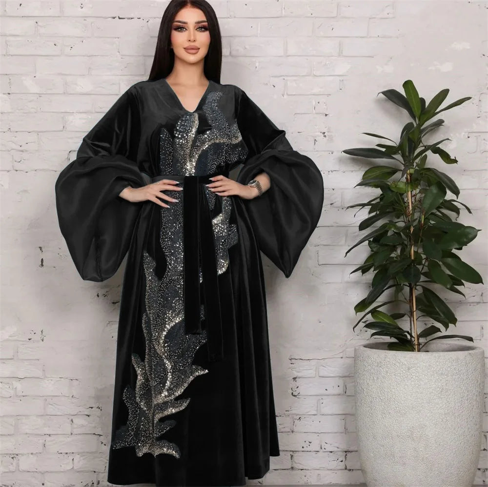 ABY11 Elegant Velvet Kaftan with Sequin Embellishments for Autumn/Winter