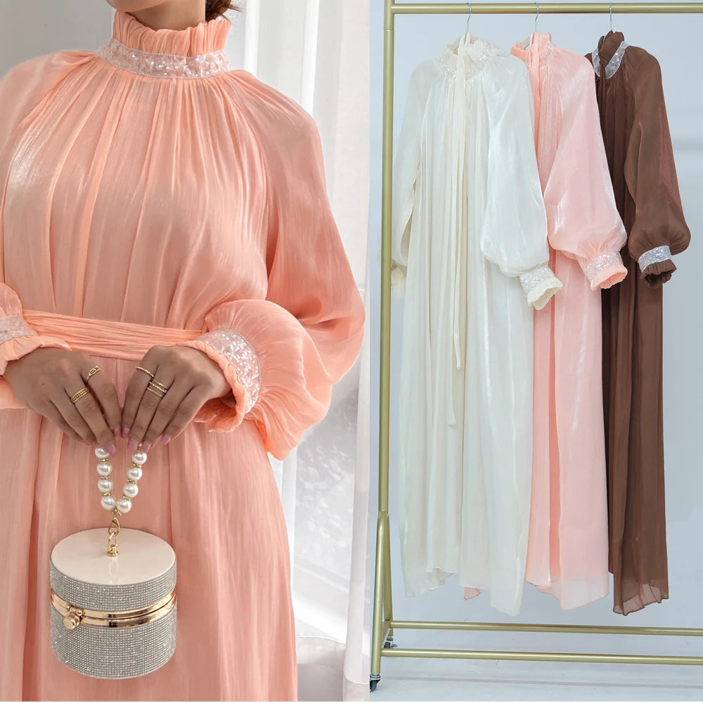 ABY039  Elegant Pleated Satin Abaya with Embellished Collar