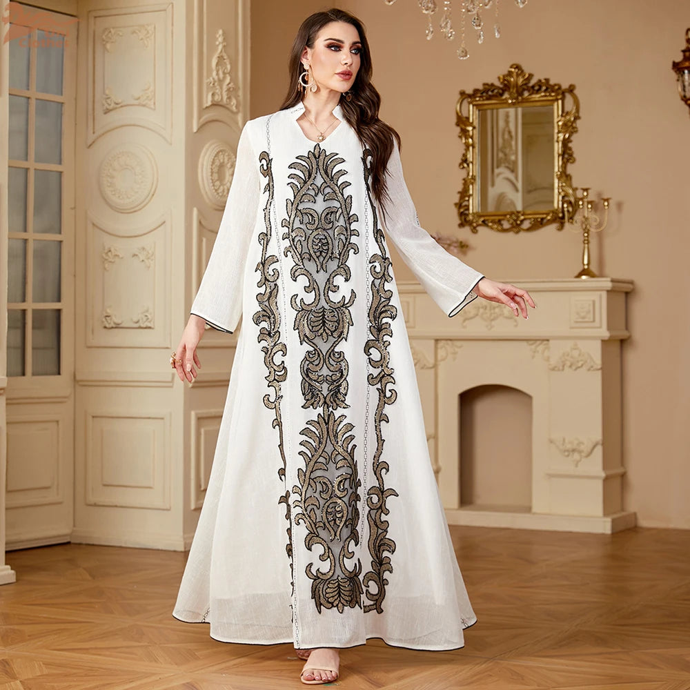 LX19 Ramadan Muslim Women's Floral Embroidery Maxi Dress /Majestic Embroidered Multi-Tone Abaya