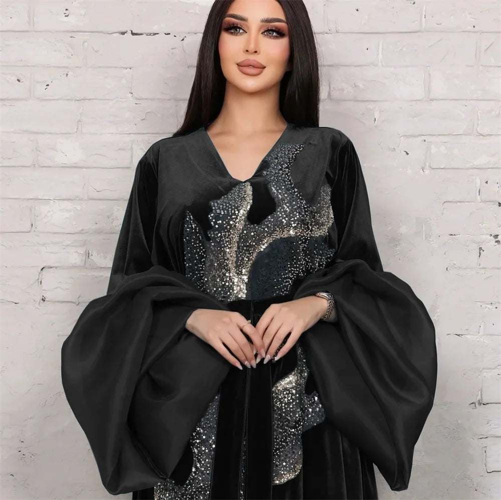 ABY11 Elegant Velvet Kaftan with Sequin Embellishments for Autumn/Winter