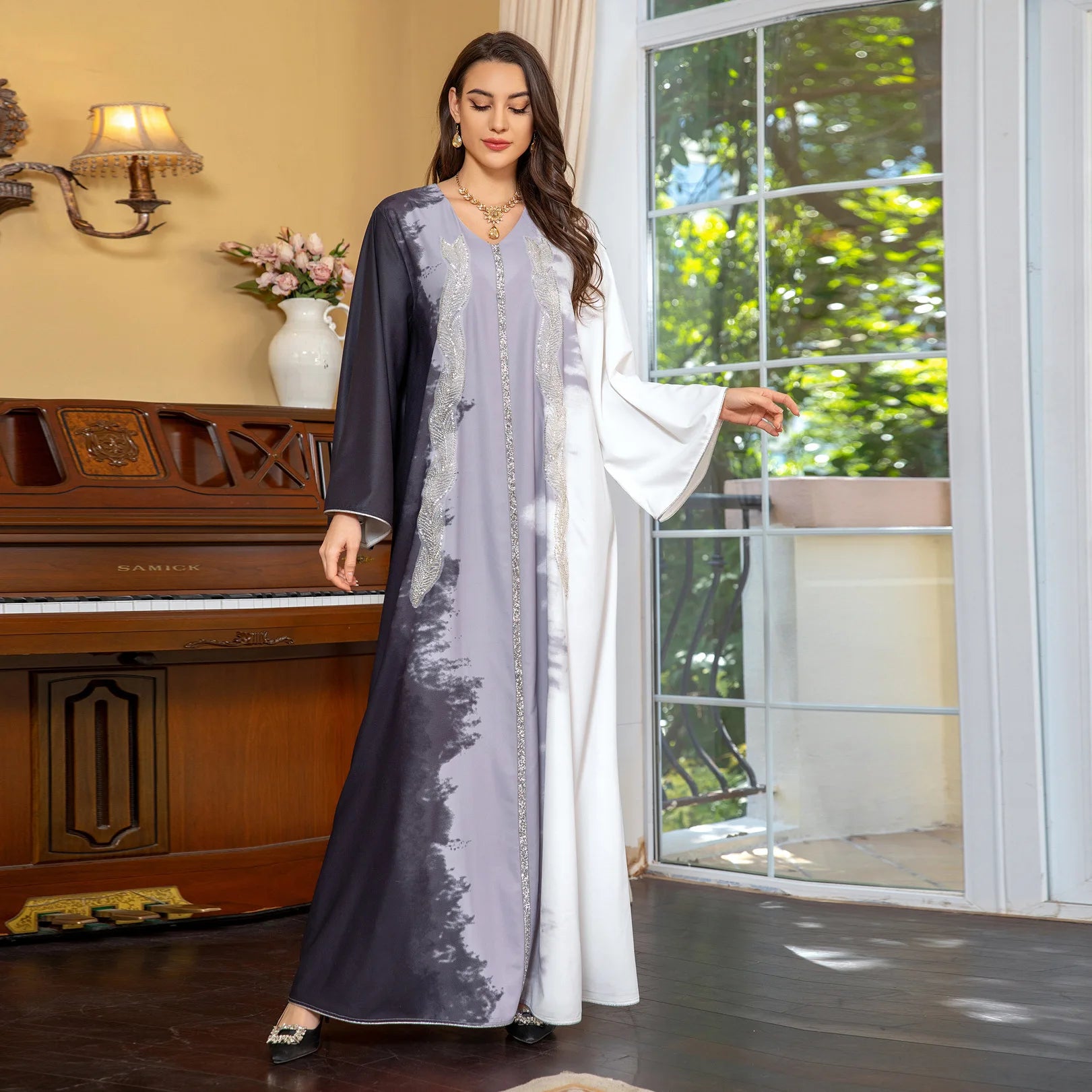 LX01 Eid abaya/ramadan abaya/ Eid dresses/ Handcrafted Artistic Beaded Satin Abaya – Three-Tone Luxury Ramadan & Eid Maxi Dress