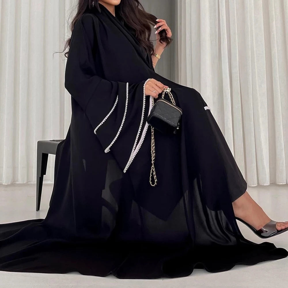 Velaya Abaya – Pearl-Trimmed Perfection in Black - Daily and Ramadan Modest Long Dress (D9)