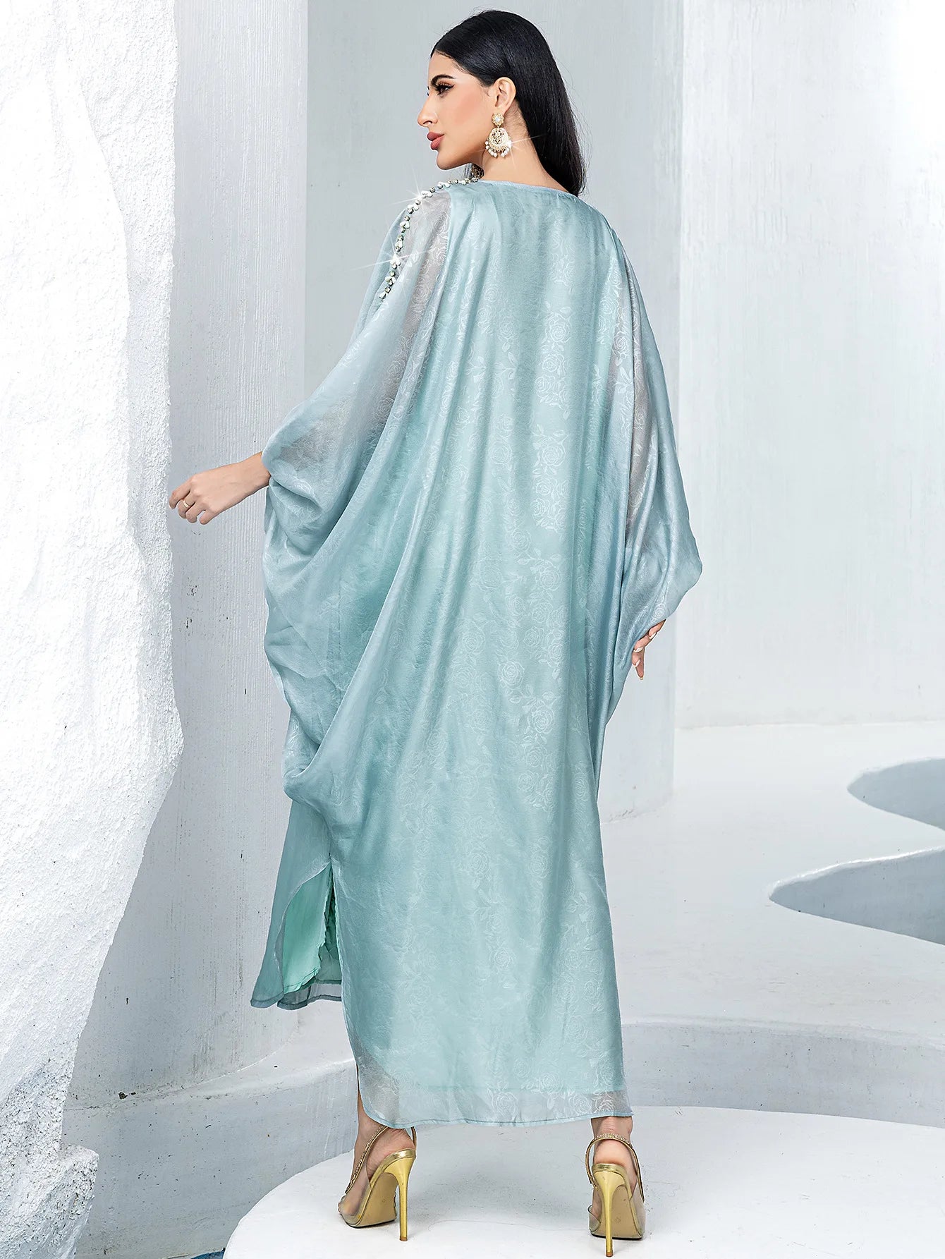 Nourya Seafoam Pearl Kaftan Abaya– Eid & Ramadan Modest Long Dress (LXN8)
