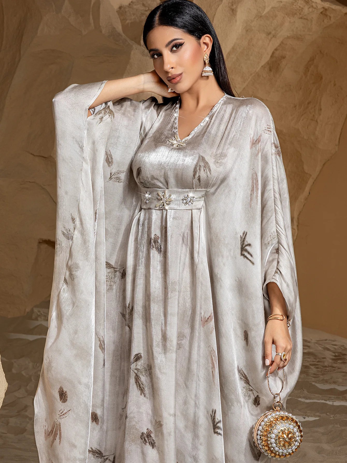 Desert Butterfly Silver Kaftan Abaya  – Eid & Ramadan Modest Long Dress (LXD8)