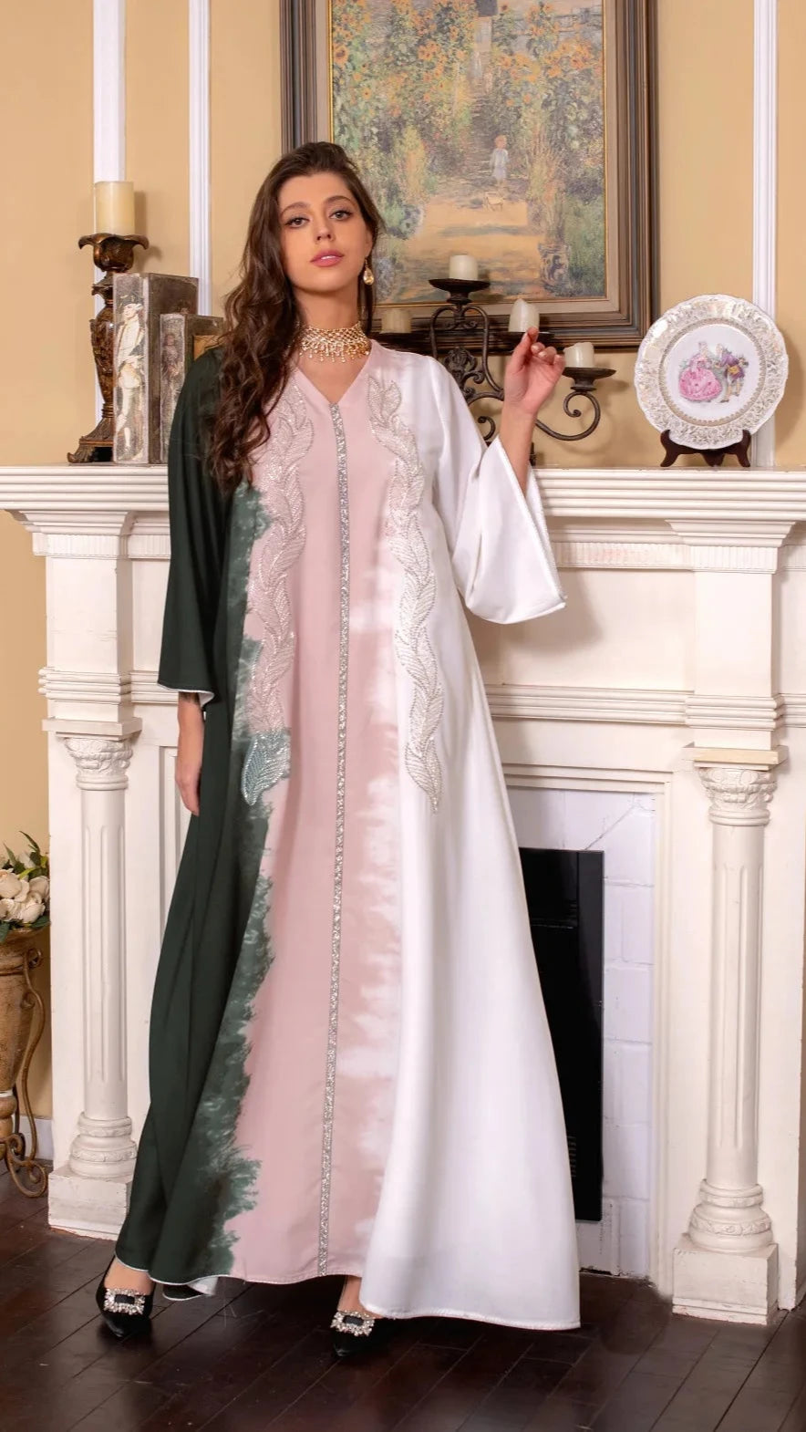 LX01 Eid abaya/ramadan abaya/ Eid dresses/ Handcrafted Artistic Beaded Satin Abaya – Three-Tone Luxury Ramadan & Eid Maxi Dress