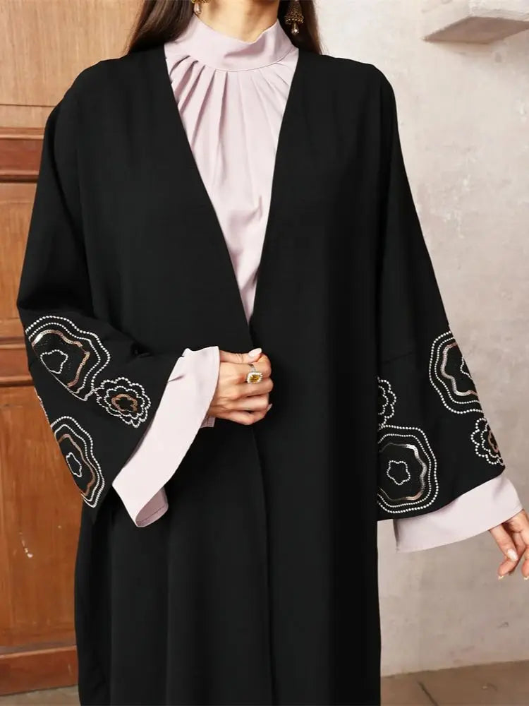 EG25 Ramadan Eid Satin Open Kimono Abaya/ Floral sleeves