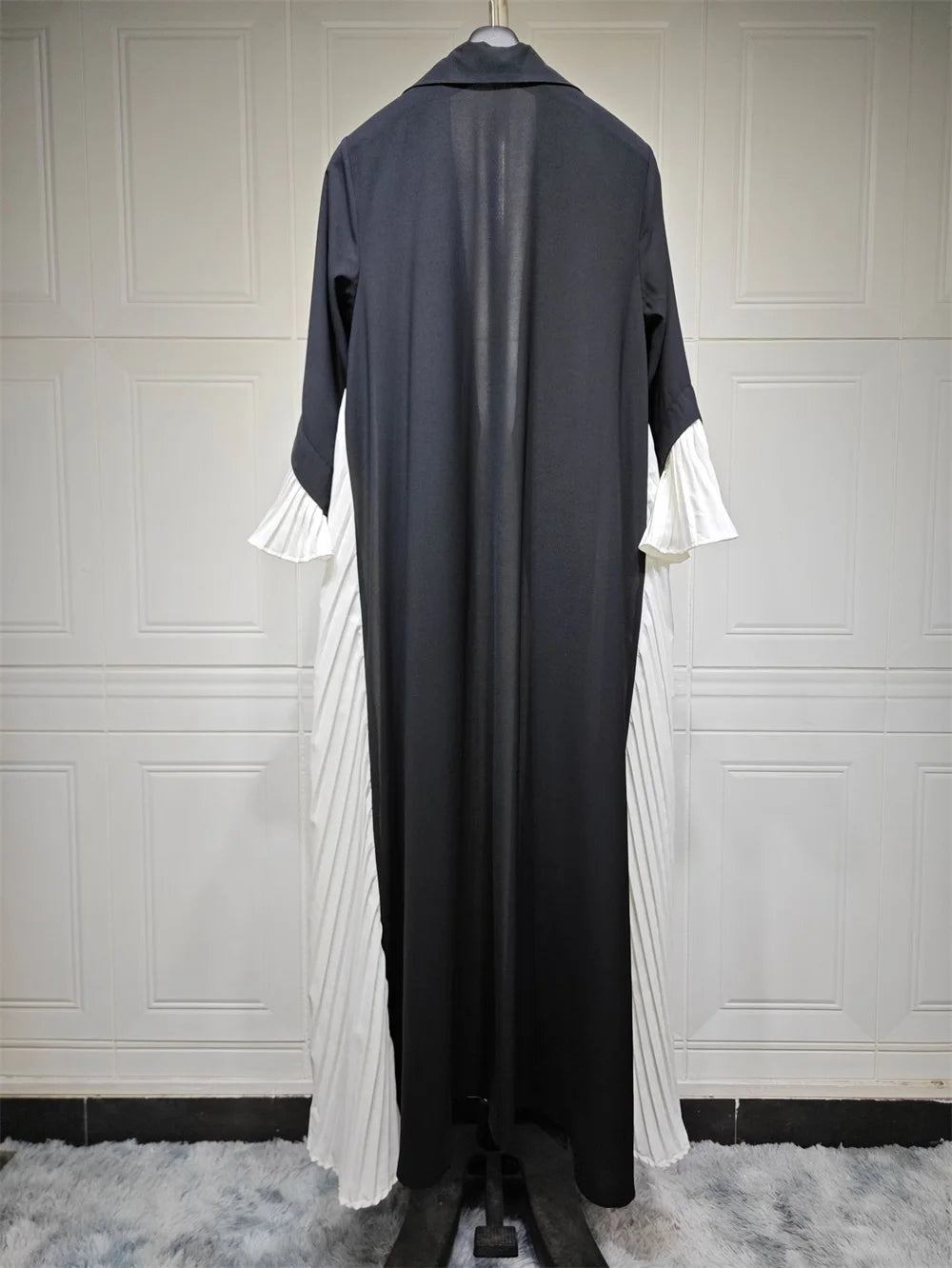 ABY038 Black and White Pleated Contrast Abaya with Hood