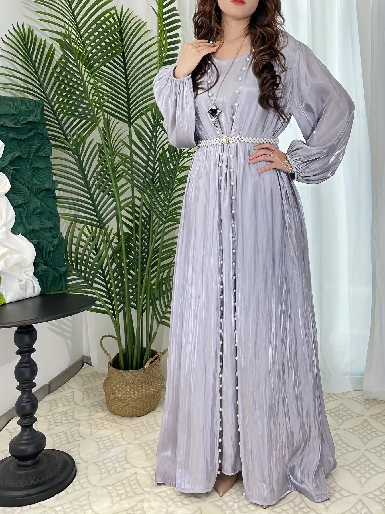 LX10 Eid abaya/ramadan abaya/ Eid dresses Lantern Sleeve Lux Radiance Four-Piece Satin Abaya